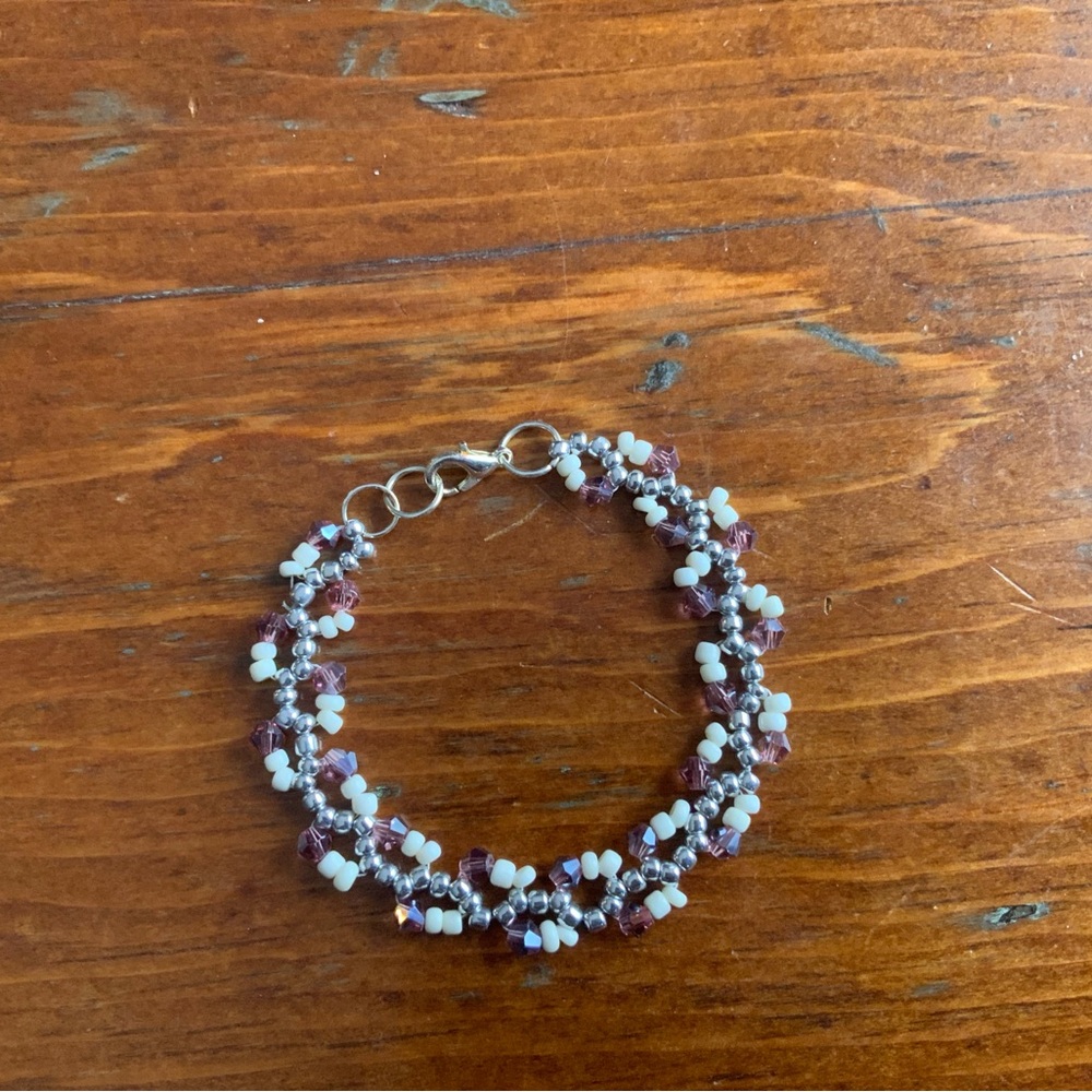 Hand Crafted Purple and White Beaded Bracelet